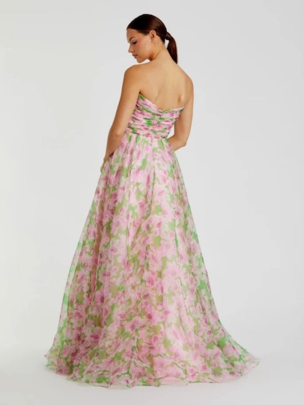 Mac Duggal Pink Green Multi Strapless Floral Chiffon Ruched Gown - Picture 2 of 4